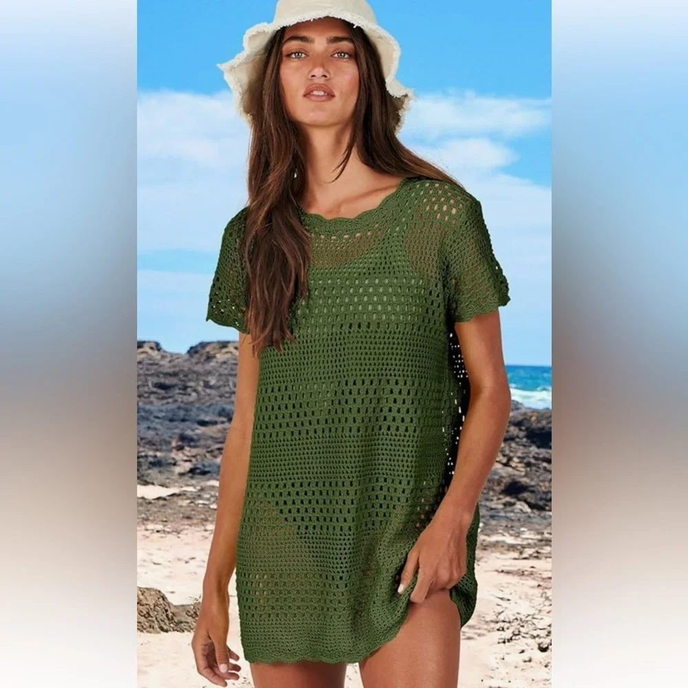 Green Crochet Knit Beach Coverup